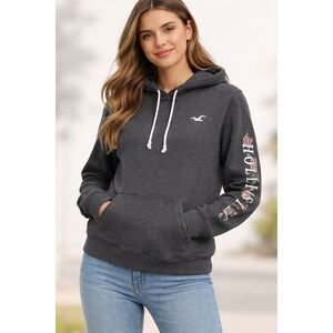 Hollister Women’s Gray Floral Sleeve Hoodie Sweatshirt Size L Pullover Logo #T